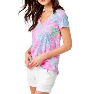 Lilly Pulitzer Tropical V-Neck Tee | Pink Blue Coral Print | Preppy Resort Top